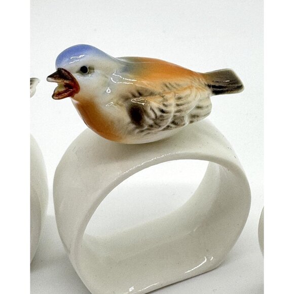 Bone China Bird Napkin Rings Set of 4 Cottage  Boho lot Sparrow Bluebird - Picture 4 of 8